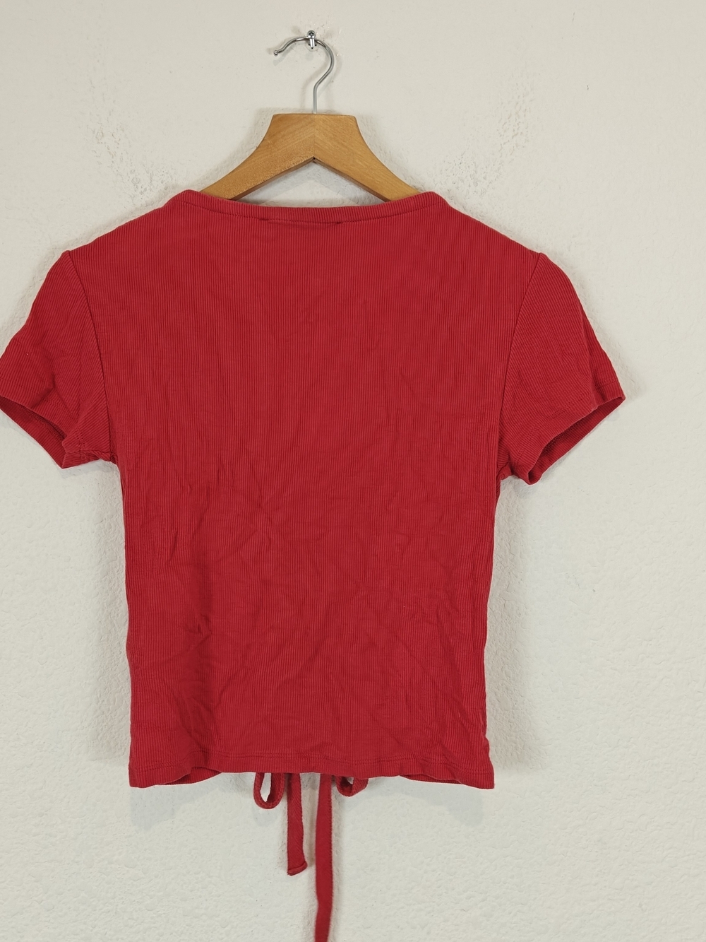 AllSaints Rinna Ruched V-Neck Crop Tee Red Drawstring Top M - Picture 9 of 11